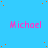 A static image with a bright blue background featuring scattered orange dots and repeated pink text reading "Michael" in a pattern
