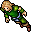 Pixelated character in green tunic and blue pants, blonde hair, two poses showing different arm positions against gray background.