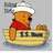 Pixelated icon of a character in red scarf and white hat holding a golden object on a yellow platform.