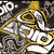 Pixelated static icon with abstract golden and white shapes on a dark gray background, featuring curved lines and circular forms.