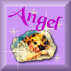 Two side-by-side purple-framed with a central angelic figure in an oyster shell, each displaying different text above the figure