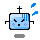 Pixelated blue square character with black limbs, a cross on its head, and purple blush marks; two states show shifting facial features and floating blue shapes.