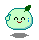 Two pixelated light green circular characters with teal outlines, each with a green leaf on top, smiling faces, and blue tears, one with a raised hand gesture.
