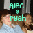 Two people in light blue clothing pose closely together under teal text reading "alec" and "ryah" with a heart symbol between them.