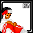A 3x3 contact sheet of a pixel art animated icon showing a cartoon character with brown skin, red-and-white headband, and red-and-white outfit sitting in various poses across nine frames with changing text labels and heart symbols.