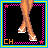 Animated contact sheet of a pixel-art character icon with multiple frames showing different body parts, text overlays, and color variations against black backgrounds with pink dotted borders.