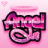 Pixelated animated buddy icon featuring two identical pink and purple text-based angel figures with halos, a floating heart above them on a light pink background.