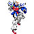 Two side-by-side pixel art frames of a humanoid robot character with blue, red, white, and gray armor against a solid gray background.