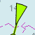 A bright yellow-green triangular shape with a black outline and gradient, attached to a thin black stem, surrounded by pink zigzag lines on a light blue background.