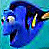 Blue fish character with yellow and white markings on a teal background, next to blue with white text