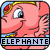 Pixelated pink elephant with large eye and trunk, wearing red-and-yellow headpiece, standing on blue background with text banner below.
