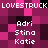 Pixelated displays repeated text and names on magenta background with black accents