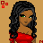 Pixel art contact sheet showing multiple frames of a female character in red attire with long black hair, holding a small bag and standing against a tan background with repeated text elements.