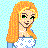 Pixelated character with long orange hair, green eyes, and a white dress with blue patterns against light blue background.