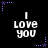 Black background with white pixelated text "I LOVE YOU" repeated six times in two , surrounded by purple star and dot patterns