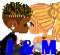Pixelated static image of two cartoon-style figures kissing, with blue text "I & M" at the bottom and a white background.