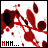 Animated sequence of red blood-like splatters on white background with text changing from 'MMM...' to 'BLOOD' in pixelated font.