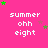 A static image with a bright pink background displays the text 'summer ohh eight' in white pixelated font, surrounded by green and purple stars.