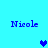 Blue pixelated text 'Nicole' appears in four corners of a cyan background with two blue hearts positioned centrally.