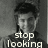 Black-and-white image of a person with short dark hair in a striped shirt, with text overlays reading "stop looking at my boyfriend!" across three