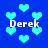 Blue background with light blue heart shapes and white text reading 'Derek' in four locations.