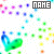 Animated icon with repeating green-blue heart shapes and scattered multicolored dots on white background, text "ПАКЕ" in gray boxes.