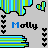 Pixelated cartoon character with blue-green striped body and black outline, surrounded by heart shapes on gray background; text "Molly" appears in multiple color variations.