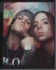 Two people in a close-up pose with changing expressions and hand positions , set against a colorful abstract background