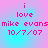 Pixelated text on a pink-to-blue gradient background with four identical quadrants showing 'i love mike evans 10/7/07' in bright pink.