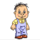 Animated cartoon baby in light blue overalls and yellow shirt with red shoes, showing multiple facial expressions and hand positions against gray background.