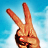 Pixelated hand making peace sign against blue gradient background with white cloud-like shapes.