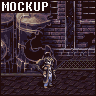 Pixel art scene showing a character in armor standing before a dark, industrial building with smoke rising from its left side.