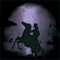 A dark, pixelated figure stands against a purple-hued circular background with shifting white lightning bolts.