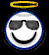 Four identical circular white smiley faces with black outlines, each wearing dark gray sunglasses and a yellow halo or red devil horns against a black background.