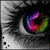 A close-up of a human eye with multicolored irises in shades of purple, pink, and green, set against grayscale eyelashes and skin.