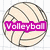 Pixelated volleyball with dark gray seams on a light beige surface, overlaid by a bright magenta banner containing white text reading "Volleyball".