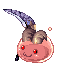 Pixelated pink rounded character with red eyes and brown hair, wearing a blue crescent-shaped headpiece that shifts position across frames.