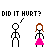 Pixel art animation of stick figures and a girl with brown hair in pink dress, showing dialogue text changes and actions like slapping.