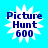 Four identical pixelated icons display "Picture Hunt 600" text on a white starburst shape against a bright blue background.