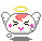 Pixelated angel icon with pink cheeks, closed eyes, and a yellow halo, showing variations in wing position and thought bubble presence.