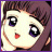 Pixelated cartoon face with large eyes, red mouth, and brown hair against a purple border.