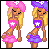 Pixel art doll with blonde hair, pink star chest emblem, pink skirt, purple shorts, and pink/purple headpiece, shown in multiple poses with text phrases.