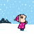 Six pixel-art show a cartoon character in various scenes: snowing, grassy field, night sky, hugging another figure, and two expressions with thought bubbles