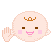 A 4x3 contact sheet of pixel art baby character animations with red Japanese text above each row, showing facial expression and hand pose variations across sampled frames.