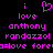 Pixelated text and heart symbol in bright pink on black background, with repeated phrases 'i love anthony randazzo!' across the frame.
