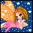 Pixelated fairy with orange wings and pink dress against blue starry background, some frames show text 'believe' in white.