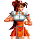 Pixel art character in orange and white outfit with pigtails, shown across three of poses on gray background