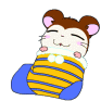 A cartoon hamster wrapped in a striped blanket with blue accents, displaying four variations of sleeping expressions and 'Zu' text animations.