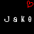 Red pixelated heart symbol above repeated white text 'JAKO' on black background.