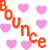 Pixelated pink hearts and orange-red 'Bounce' text with black letter accents on white background, partially cropped at bottom right.